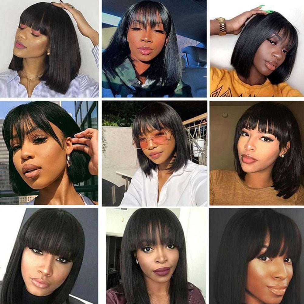 Straight Bob Human Hair Wigs With Bang Full Machine Made Wigs Brazilian Remy Human Hair Bob Wigs For Black Woman 10 12 inch