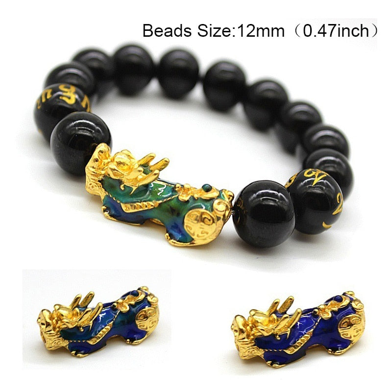 Obsidian Stone Beads Bracelet Pixiu Bring Wealth Good Luck Feng Shui Chinese Beast Wristband Gold Pixiu Men Women Bracelet