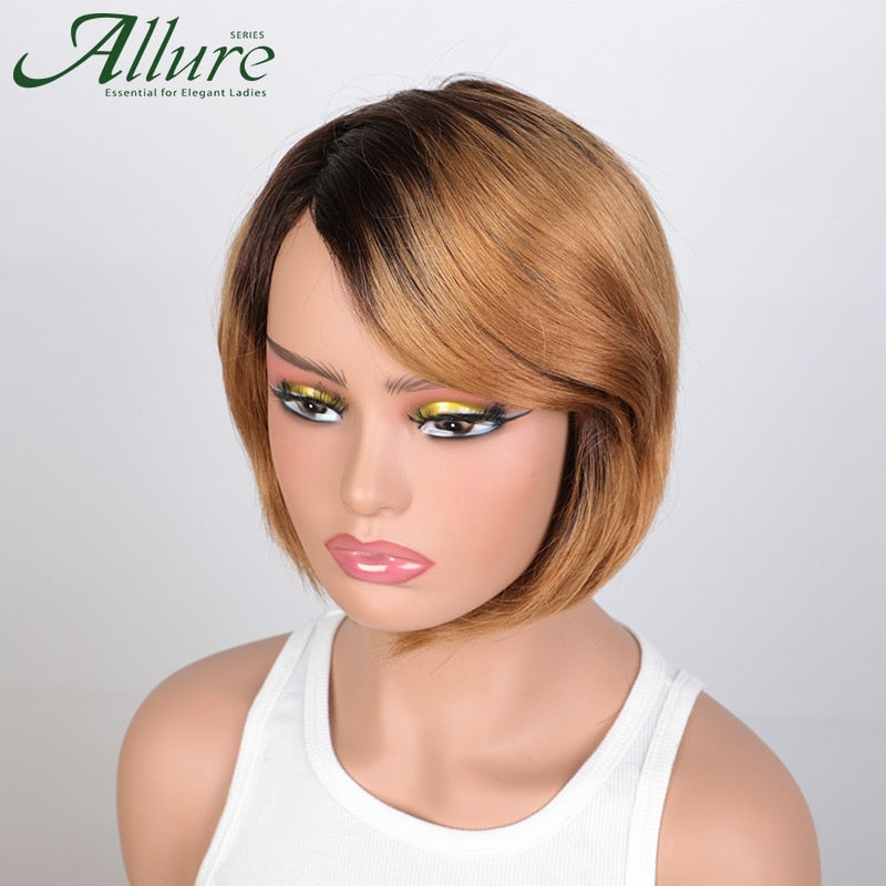 Ombre Burgundy Short Bob Wig With Bangs Side Part Bob Human Hair Wigs For Black Women Cheap Colored Brazilian Hair Wigs Allure
