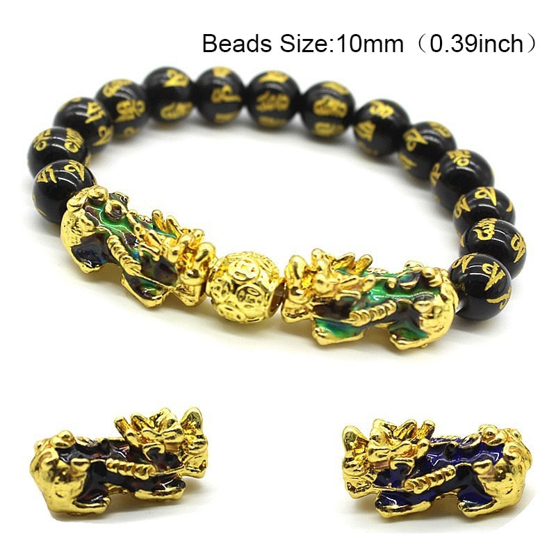 Obsidian Stone Beads Bracelet Pixiu Bring Wealth Good Luck Feng Shui Chinese Beast Wristband Gold Pixiu Men Women Bracelet