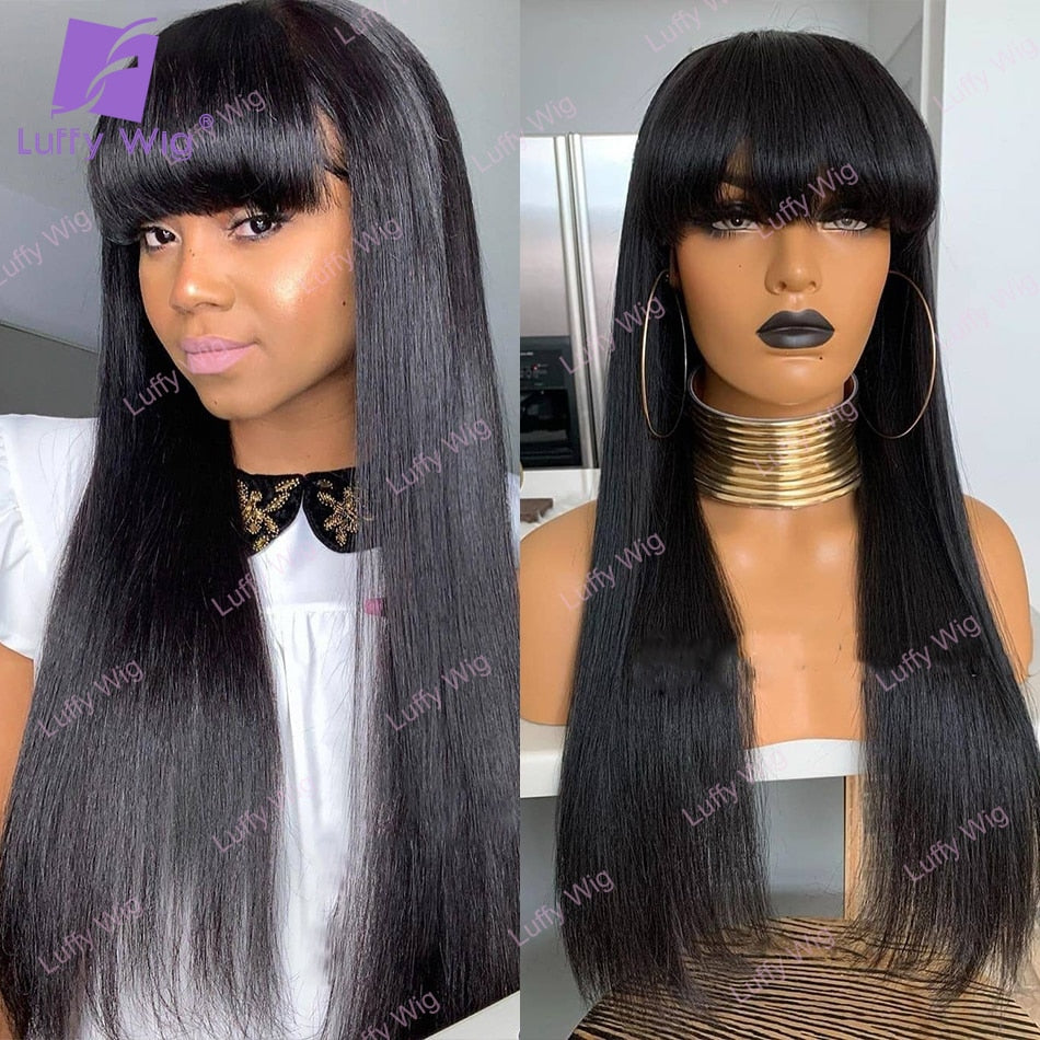 200% Density Straight Human Hair 4x4 Lace Closure Wigs With Bangs Brazilian Remy Hair Machine Wig Scalp Top For Women LUFFY