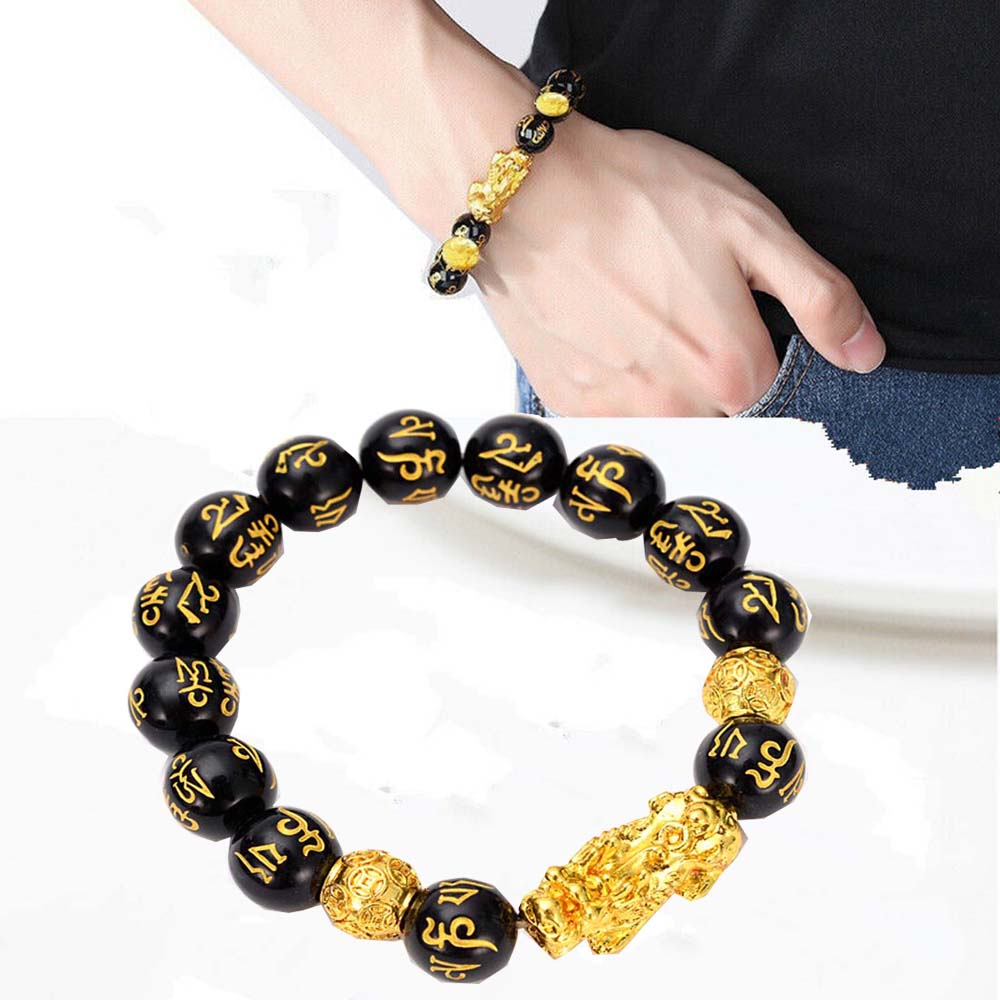 Obsidian Stone Beads Bracelet Pixiu Bring Wealth Good Luck Feng Shui Chinese Beast Wristband Gold Pixiu Men Women Bracelet