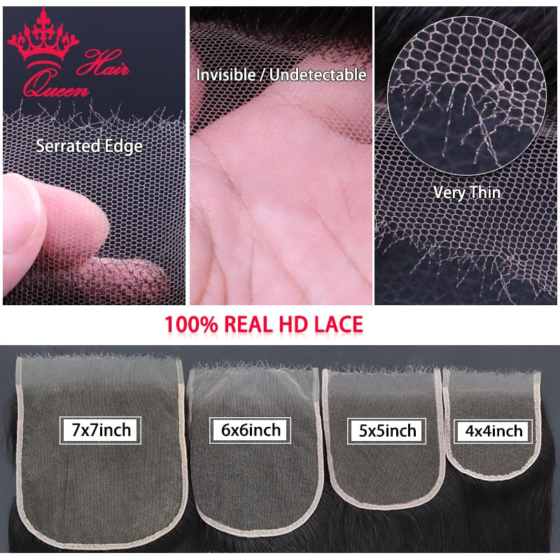 Queen Hair Real HD Invisible 4x4 5x5 6x6 7x7 13x4 13x6 Lace Closure 100% Virgin Human Hair Body Wave / Straight HD Lace Frontal