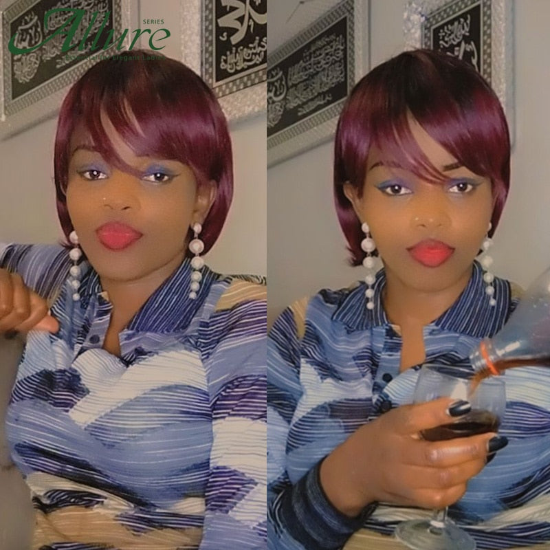 Ombre Burgundy Short Bob Wig With Bangs Side Part Bob Human Hair Wigs For Black Women Cheap Colored Brazilian Hair Wigs Allure