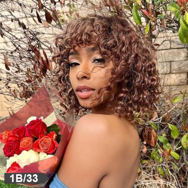 Jerry Curly Short Pixie Bob Cut Human Hair Wigs With Bangs Non lace front Wig Highlight Honey Blonde Colored Wigs For Women