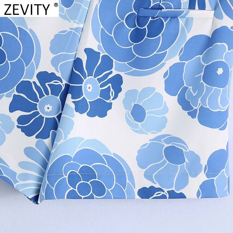 Blue Floral Print Shorts