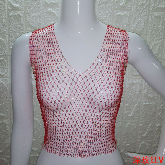 FestivalQueen Sexy Diamonds Mesh Cropped Tank Top Women Summer Cover Up Bikini See Through Rhinestone Net Party Club Crop Top