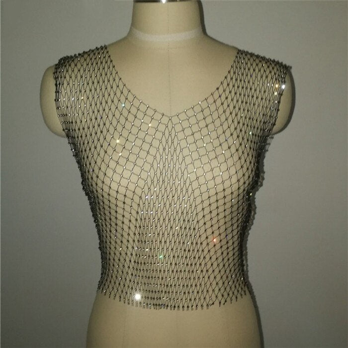 FestivalQueen Sexy Diamonds Mesh Cropped Tank Top Women Summer Cover Up Bikini See Through Rhinestone Net Party Club Crop Top