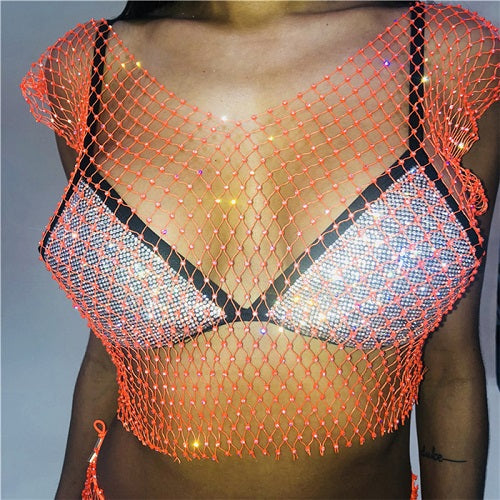 FestivalQueen Sexy Diamonds Mesh Cropped Tank Top Women Summer Cover Up Bikini See Through Rhinestone Net Party Club Crop Top