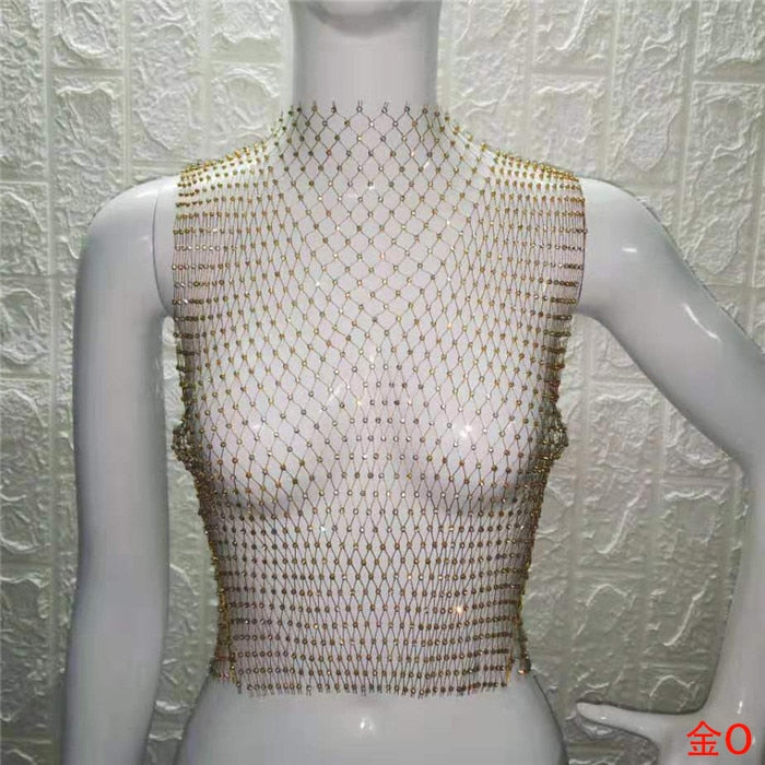 FestivalQueen Sexy Diamonds Mesh Cropped Tank Top Women Summer Cover Up Bikini See Through Rhinestone Net Party Club Crop Top