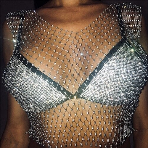 FestivalQueen Sexy Diamonds Mesh Cropped Tank Top Women Summer Cover Up Bikini See Through Rhinestone Net Party Club Crop Top