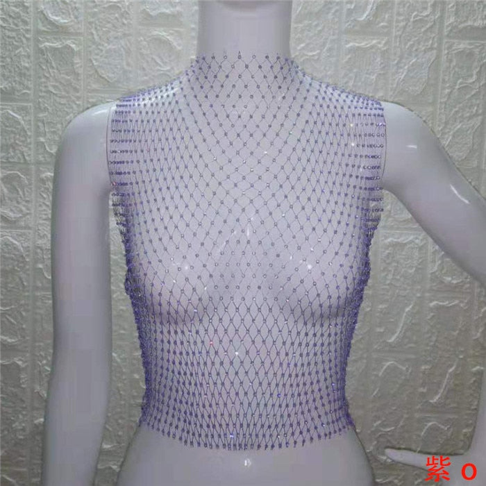 FestivalQueen Sexy Diamonds Mesh Cropped Tank Top Women Summer Cover Up Bikini See Through Rhinestone Net Party Club Crop Top