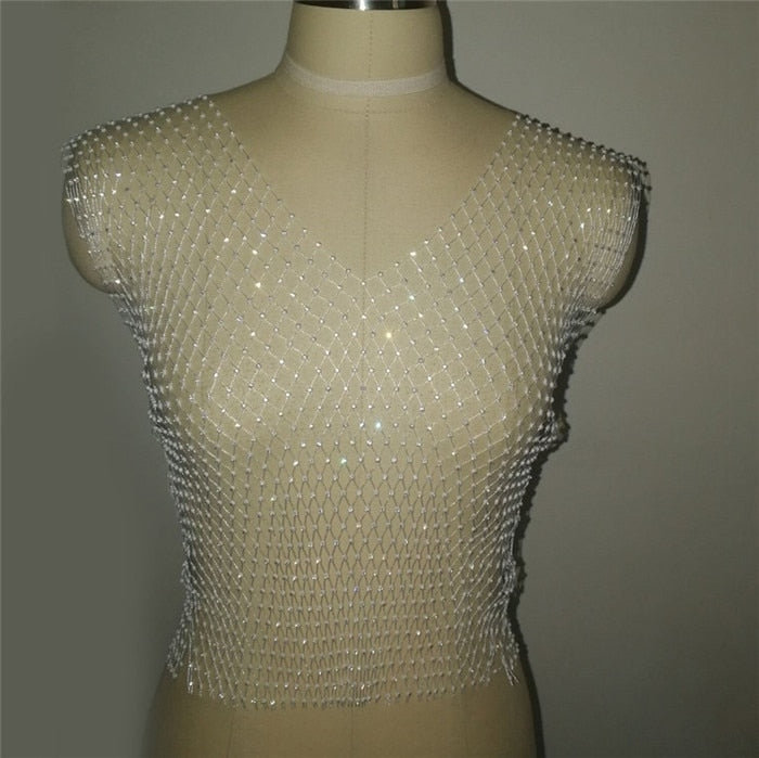 FestivalQueen Sexy Diamonds Mesh Cropped Tank Top Women Summer Cover Up Bikini See Through Rhinestone Net Party Club Crop Top