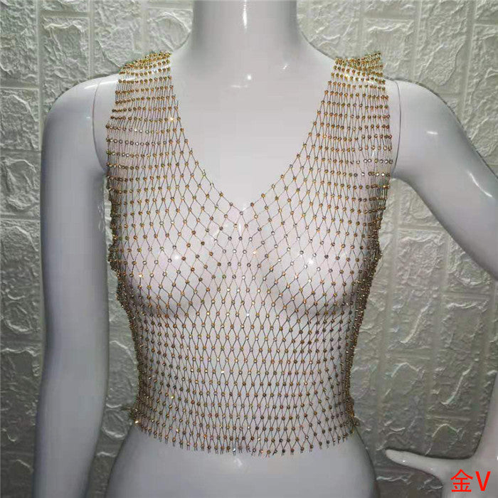 FestivalQueen Sexy Diamonds Mesh Cropped Tank Top Women Summer Cover Up Bikini See Through Rhinestone Net Party Club Crop Top