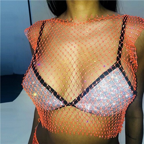 FestivalQueen Sexy Diamonds Mesh Cropped Tank Top Women Summer Cover Up Bikini See Through Rhinestone Net Party Club Crop Top