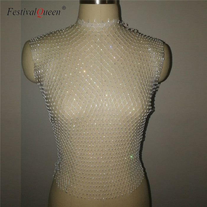 FestivalQueen Sexy Diamonds Mesh Cropped Tank Top Women Summer Cover Up Bikini See Through Rhinestone Net Party Club Crop Top