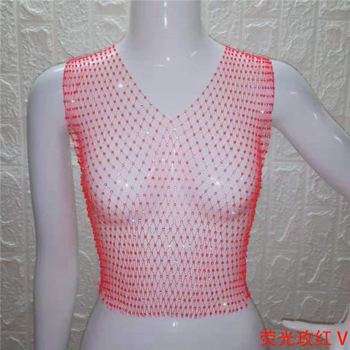 FestivalQueen Sexy Diamonds Mesh Cropped Tank Top Women Summer Cover Up Bikini See Through Rhinestone Net Party Club Crop Top