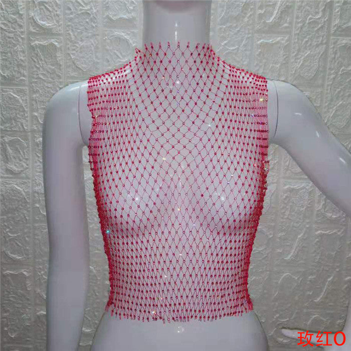 FestivalQueen Sexy Diamonds Mesh Cropped Tank Top Women Summer Cover Up Bikini See Through Rhinestone Net Party Club Crop Top