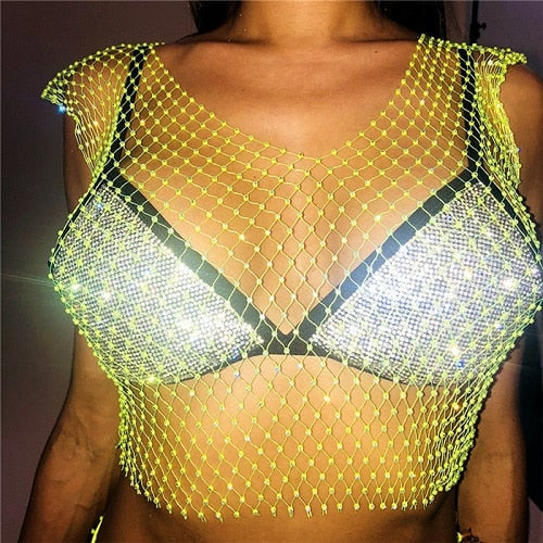 FestivalQueen Sexy Diamonds Mesh Cropped Tank Top Women Summer Cover Up Bikini See Through Rhinestone Net Party Club Crop Top