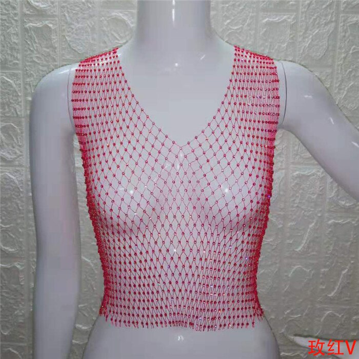 FestivalQueen Sexy Diamonds Mesh Cropped Tank Top Women Summer Cover Up Bikini See Through Rhinestone Net Party Club Crop Top