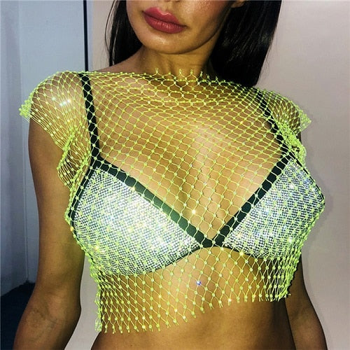 FestivalQueen Sexy Diamonds Mesh Cropped Tank Top Women Summer Cover Up Bikini See Through Rhinestone Net Party Club Crop Top