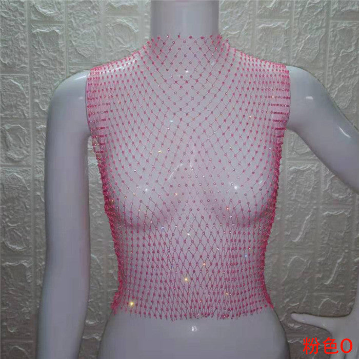 FestivalQueen Sexy Diamonds Mesh Cropped Tank Top Women Summer Cover Up Bikini See Through Rhinestone Net Party Club Crop Top