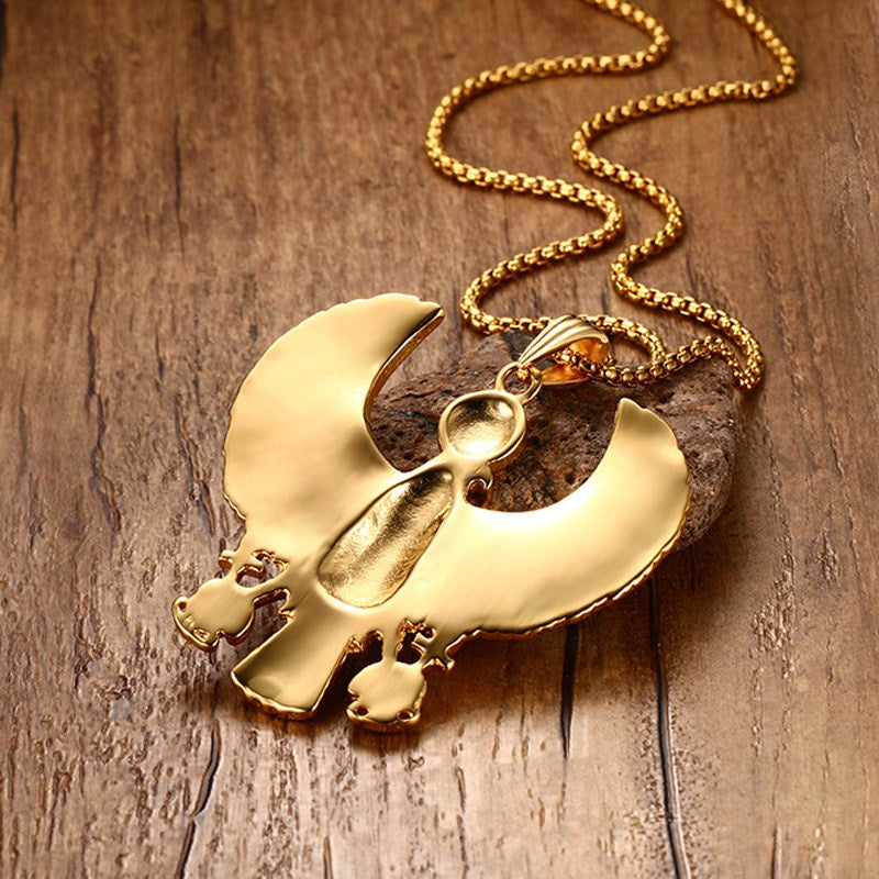 Egyptian Horus Bird Falcon Holding Ankh Men Necklaces Pendant Gold Color Steel Hiphop Jewelry  24&quot;Chain