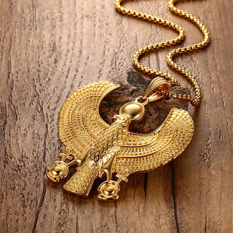 Egyptian Horus Bird Falcon Holding Ankh Men Necklaces Pendant Gold Color Steel Hiphop Jewelry  24&quot;Chain