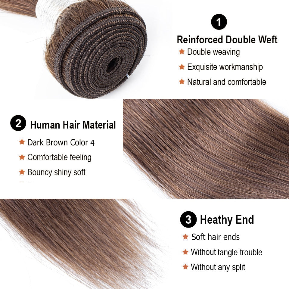 Dark Brown Straight Hair 2/3 Bundles with 4x4 Lace Closure Remy Human Hair Weave 12-24 inch BOBBI COLLECTION