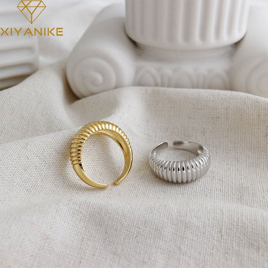 XIYANIKE Silver Color  Party Rings for Women France Simple Gold Plated Wave Pattern Creative Design Bride Jewelry Gifts
