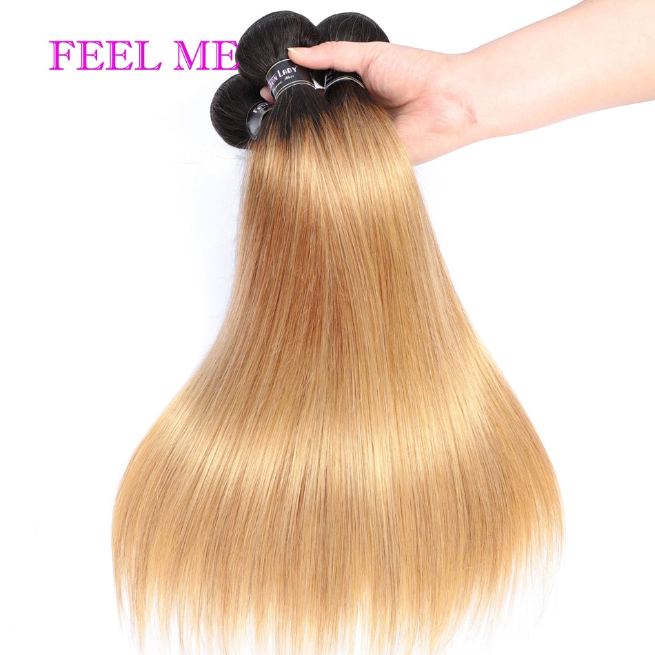 FEELME Ombre Straight Hair Bundles 1b/27 Two Tone Peruvian Human Hair Bundles For Women 3/4 pcs Remy Hair Weave Extensions