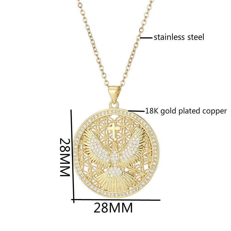 Vintage Stainless Steel Chain Gold Plated Copper Eagle Cross God Guardian Pendant Necklace Charm Female CZ Jewelry gift
