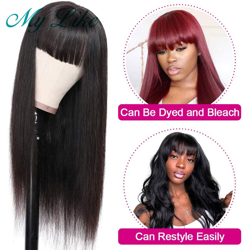 Straight Human Hair Wigs with Bangs Full Machine Wigs for Women Brazilian Hair Wigs with Bangs Cheap Natural Black Fringe Wig