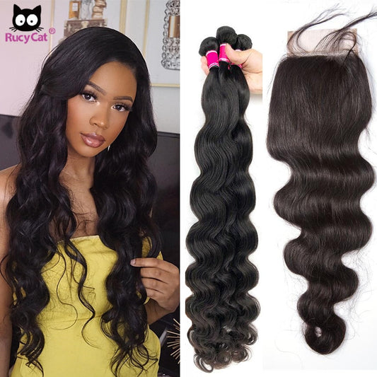 Rucycat Body Wave Bundles With Closure Brazilian Hair 5x5 Lace Closure And 30 Inch Bundles 100% Human Hair Bundles With Closure