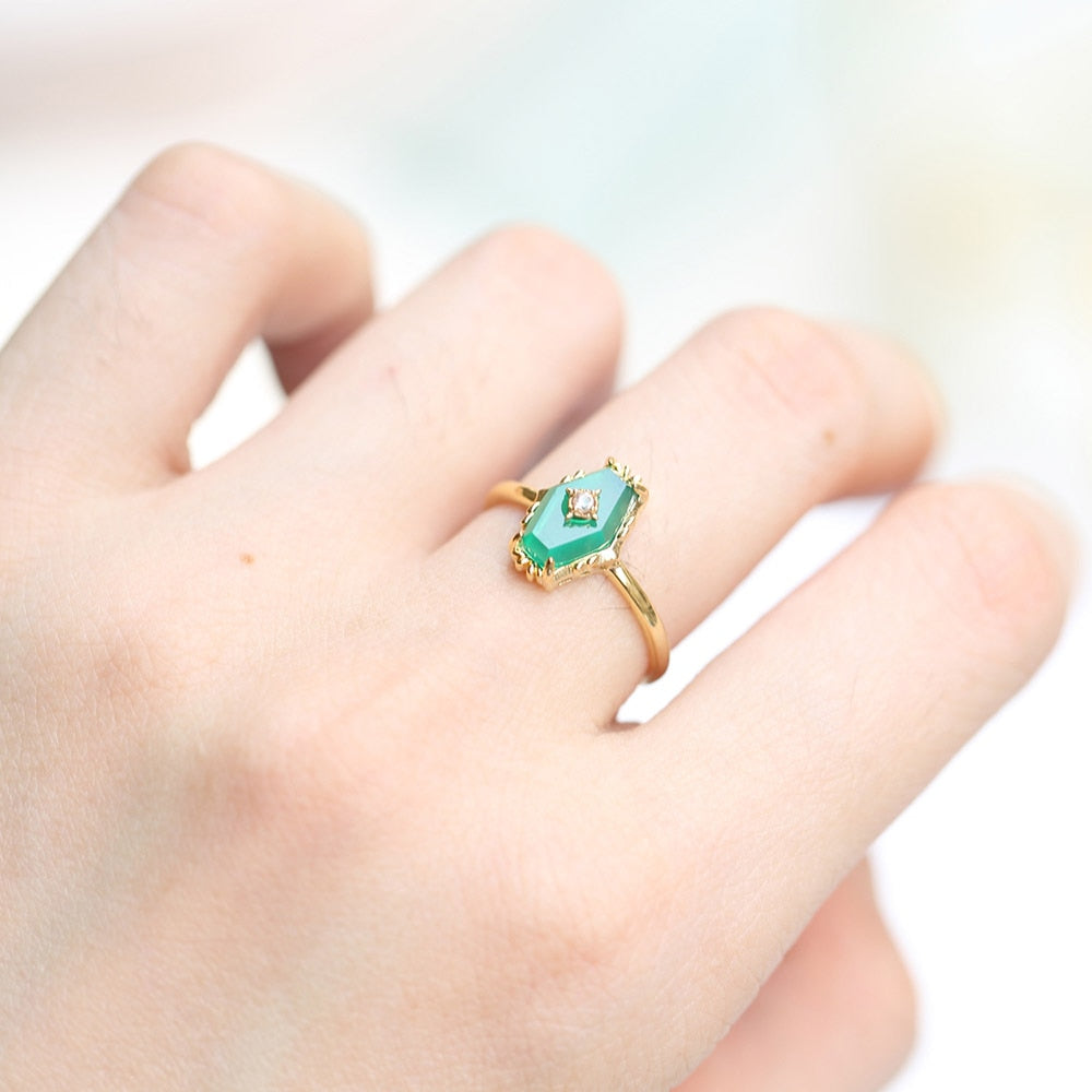 LAMOON 925 Sterling Silver Ring For Women Elegant Vintage Rhombus Green Chalcedony 14K Gold Plated Fine Jewelry LMRI088