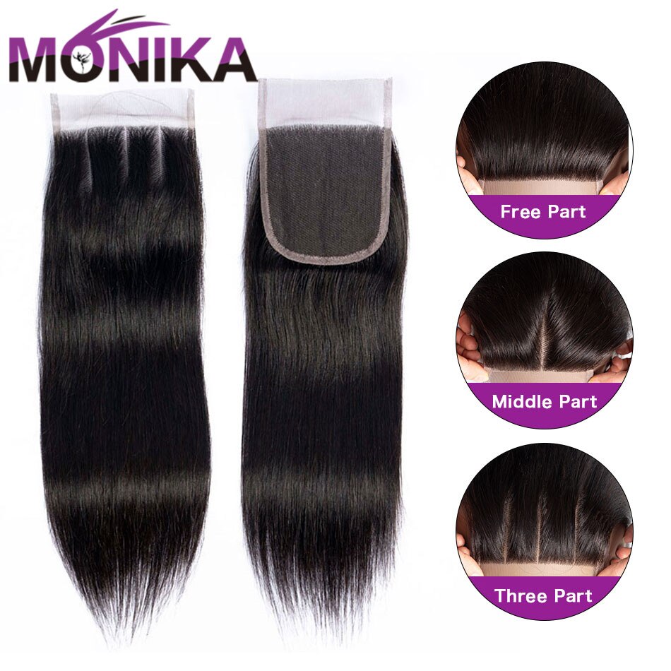 Monika 4x4 Closures Brazilian Straight Closure 100% Human Hair Closure Free/Middle/3 Part Top Lace Closure 22 inch Non-Remy Hair