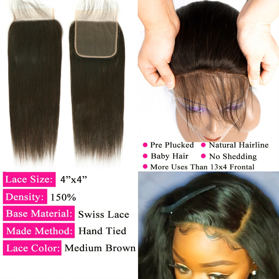Bone Straight Hair 3 Bundles With Closure 30 Inch Brazilian Human Hair Wave For Black Women Bundles And A Closure Hair Extension