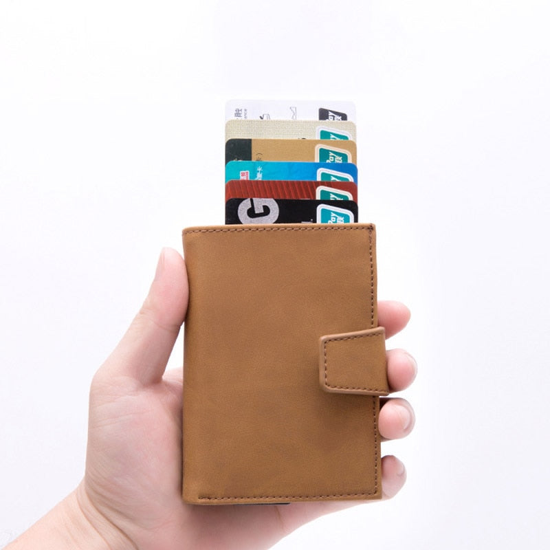 DIENQI Credit Card Holder Men Women Metal RFID Anti-magnetic Vintage Aluminium Crazy Horse PU Leather Card Wallet Coin Purses