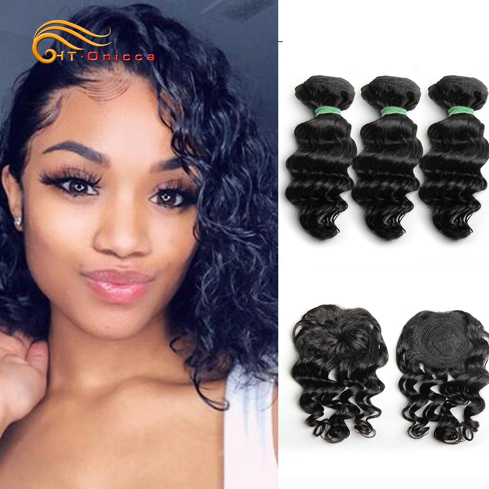Brazilian Body Wave Hair 3 bundles With Closure 8inch Remy Human Hair Extensions Human Hair Bundles With Closure Natural Color