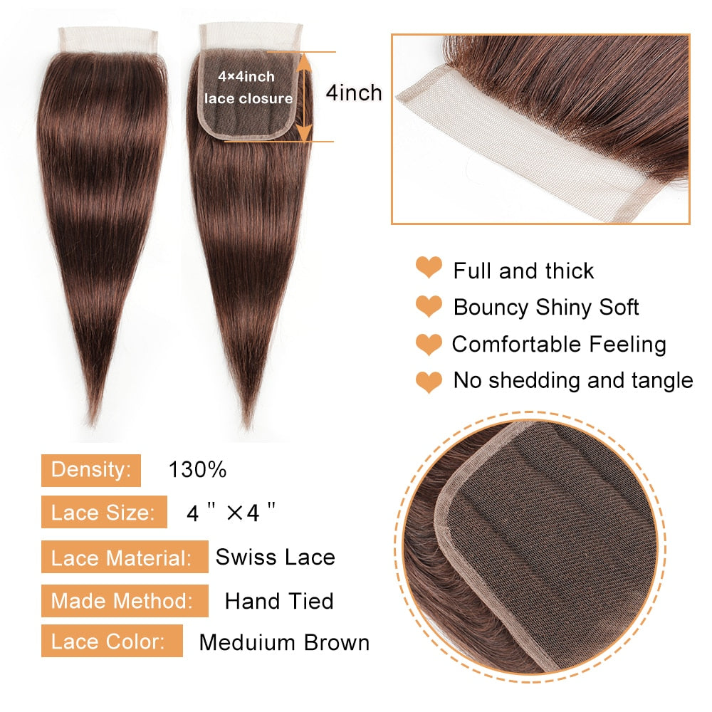 Dark Brown Straight Hair 2/3 Bundles with 4x4 Lace Closure Remy Human Hair Weave 12-24 inch BOBBI COLLECTION