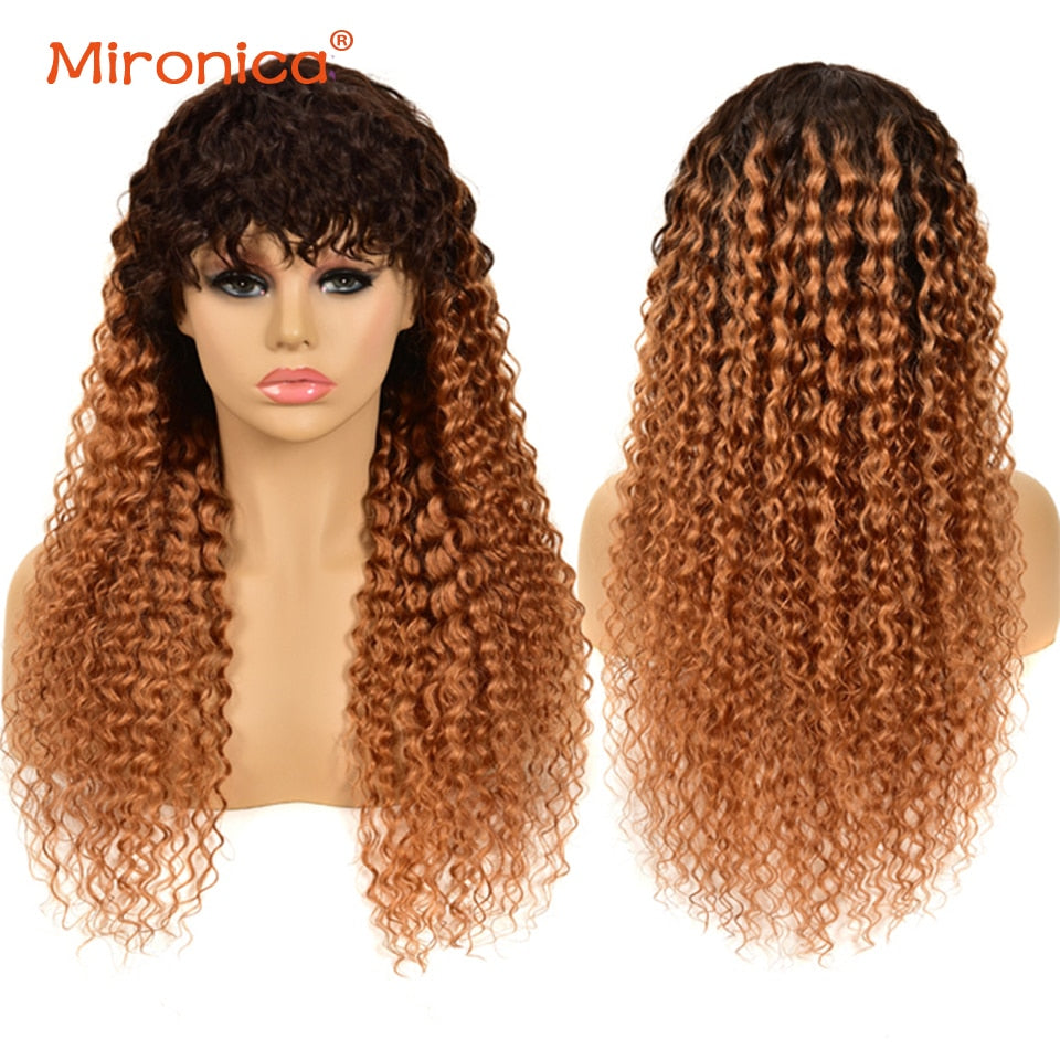 MIRONICA Malaysian Kinky Curly Human Hair Wigs With Bangs 99j #4 T1b/30 Ombre Full Machine Made Human Hair Wigs For Black Woman