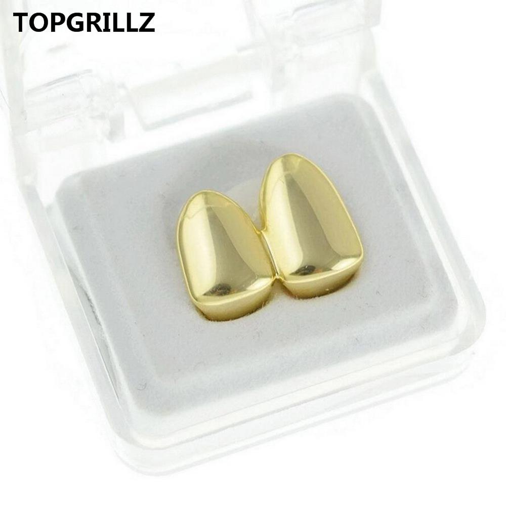 TOPGRILLZ Double Caps Yellow Gold Color Plated Grillz Canine Plain Two Teeth Right Top Single Caps Grills