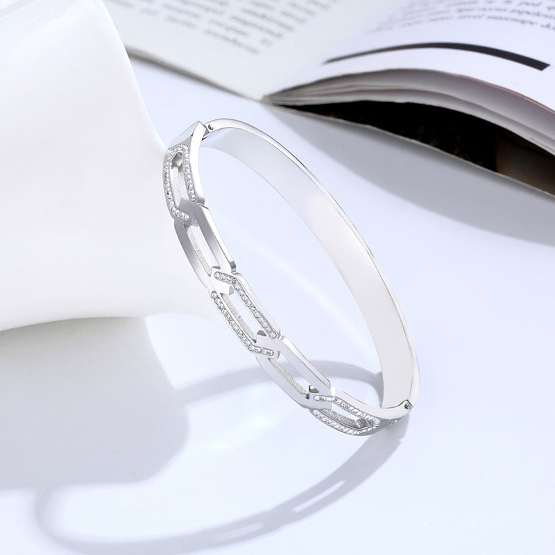 Exquisite Zircon Chain Shape Bracelets &amp; Bangle Stainless Steel Woman Trendy Brand Bangle Gold Plated Jewelry Pulseira Wholesale