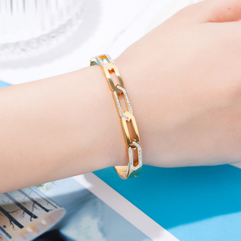 Exquisite Zircon Chain Shape Bracelets &amp; Bangle Stainless Steel Woman Trendy Brand Bangle Gold Plated Jewelry Pulseira Wholesale