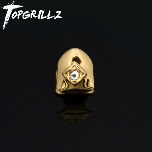 TOPGRILLZ Golden Color Plated Grillz Cap Gold Tone Single TopWith CZ Stone Teeth Grills Hip Hop Tooth Grill