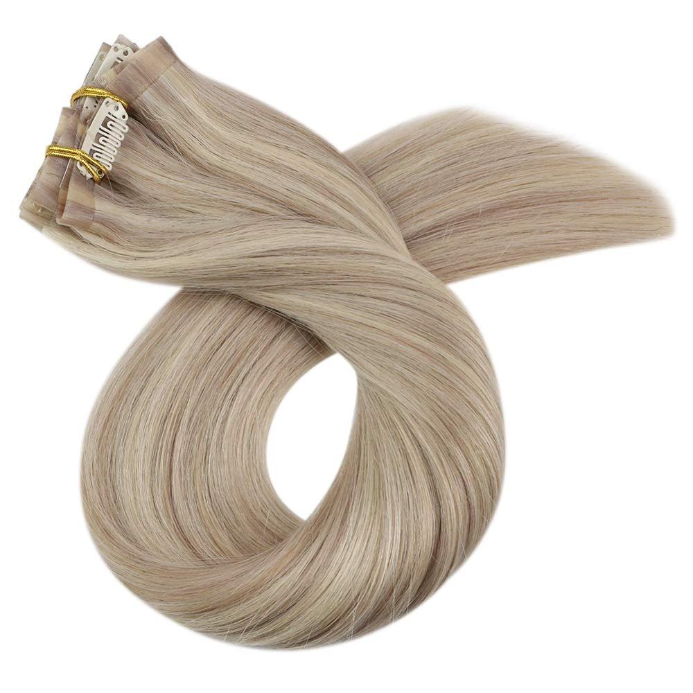 Moresoo Seamless PU Clip in Human Hair Extensions 14-22 inch Hair Straight Machine Remy Brazilian 7PC 100G Natural Invisible