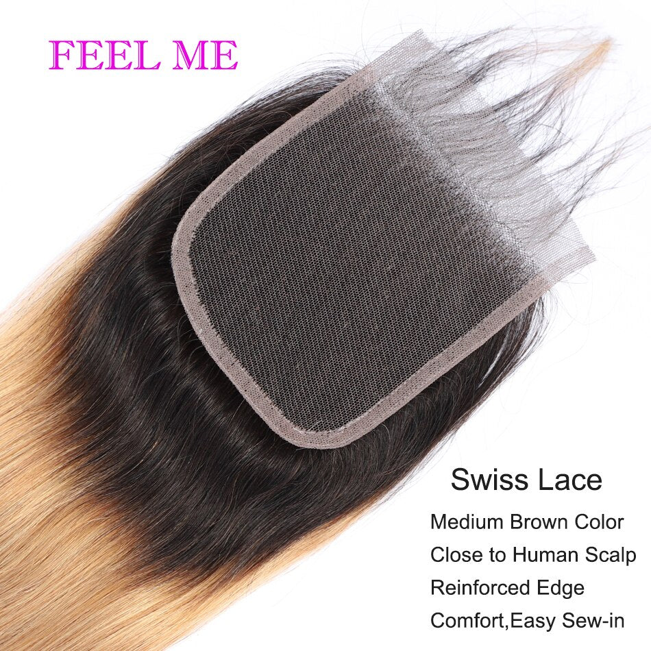 FeelMe 3/4PCS Ombre Bundles With Closure Brazilian Straight Human Hair Bundles With Closure T1b/27 Remy Hair Weave Extensions