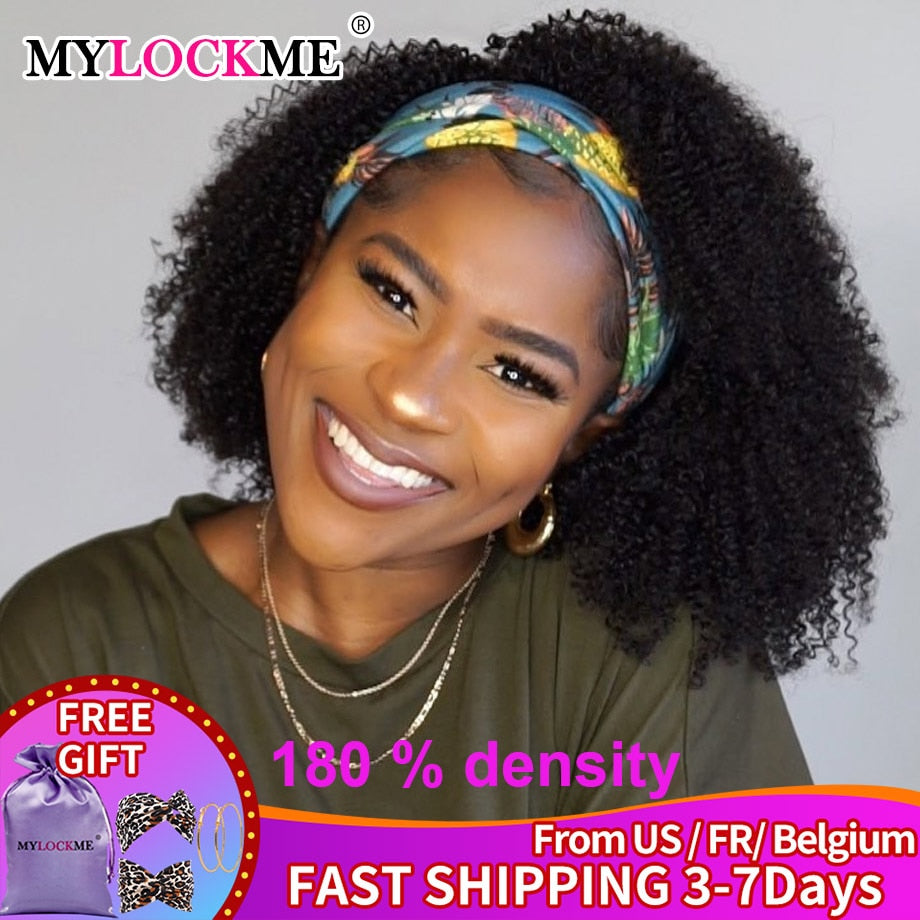 Headband Wig Human Hair Kinky Curly MYLOCKME Glueless Full Machine Made Brazilian Remy Human Hair Wigs For Women 180% Density