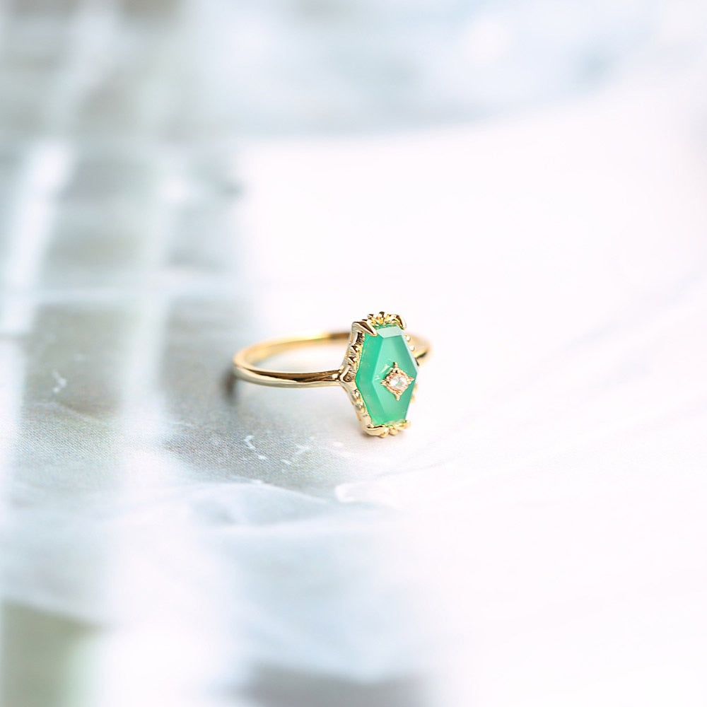 LAMOON 925 Sterling Silver Ring For Women Elegant Vintage Rhombus Green Chalcedony 14K Gold Plated Fine Jewelry LMRI088