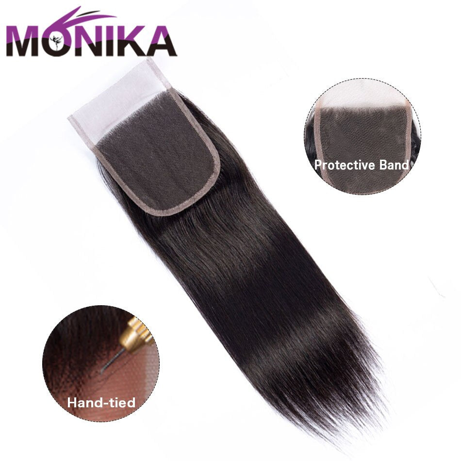 Monika 4x4 Closures Brazilian Straight Closure 100% Human Hair Closure Free/Middle/3 Part Top Lace Closure 22 inch Non-Remy Hair